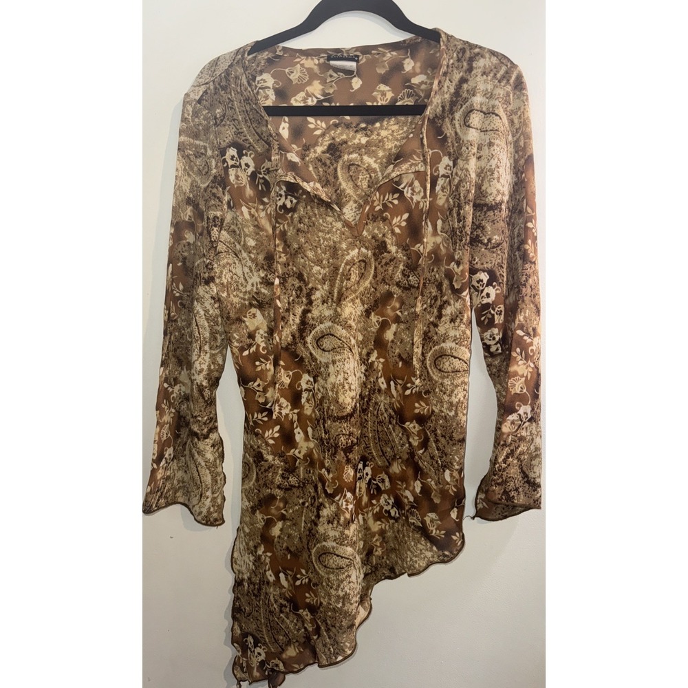 VTG Y2K Womens Sz M Brown Asymmetrical Bell Sleeve Paisley Top Fairy Boho